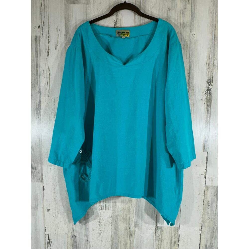 Palm Grove Tunic Top Size 3X Turquoise Cotton Crinkle Anchor Beachy Nautical Sea